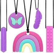 MR.TIMELAG Chew Necklaces for Adults and Babies - Butterfly 5-Piece Set, BPA-Free Silicone Sensory Chew Necklaces for Anxiety Relief, Easy to Hold, with Massage Blocks to Relieve Teething Pain