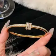 Rhinestone / Metallic Bangle Ring - Gold - One Size