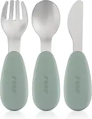 reer Silicone Stainless Steel Cutlery, 3-Piece, for Babies and Children, Ergonomic and Child-Friendly Design, Food-Safe Silicone, Stainless Steel Tips, Dishwasher Safe, Green/Silver