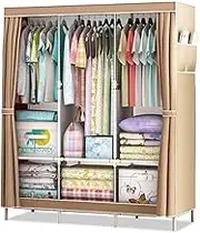 Portable Canvas Wardrobe, Foldable Clothes Closet Storage Organizer with Hanging Rail, Shelves, Side Pockets, Fabric Wardrobe for Clothes, Bags,125x45x168cm