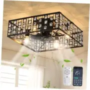 Caged Ceiling Fan with Light,19.6" Black Crystal Fandelier Ceiling Fan with