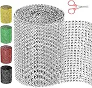 Swpeet 1 Roll 4.7Inch × 4.5 Yards 24 Rows Silver Rhinestone Ribbon with Scissors，Faux Crystal Rhinestone Mesh Ribbon，Bling Diamond Wrap Trim Ribbon for Wedding Decorations DIY Crafts