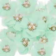 2.36 Inch Rhinestone Chiffon Flower, 15 Pcs Fabric Appliques, Light Green