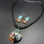 Kewa WARREN NIETO Turquoise Coral Jet INLAY NECKLACE and EARRINGS Set