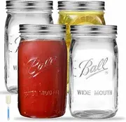 Wide Mouth Mason Jars 32 oz - (4 Pack) Ball Quart With Airtight lids and Bands For Canning, Fermenting, Pickling, Freezing, Storage Glass jar, Microwave & Dishwasher Safe, Clear