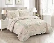 Brilliant Sunshine Traditional Rose and Sage Patchwork Quilt Set - 3-Piece With 2 Shams, Reversible Bedspread, Lightweight Coverlet, All-Season, Full/Queen