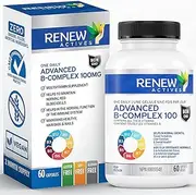 RENEW ACTIVES Vitamin B Complex 100 – Daily B1, B2, B3, B5, B6 & B12 600MCG per Serving for Energy, Red Blood Cell Formation, Liver Function & Metabolism – Made in Canada - 60 Capsules