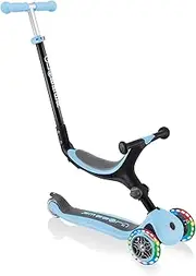 Globber Go Up Foldable 3 Wheel Folding Scooter and Ride On with Light Up Wheels - 15 Months to 7 Years, Kids Toddler Scooter for Boys and Girls with Removable seat 2 Year Warranty (Pastel Blue)