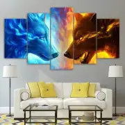 Yellow & Blue White Wolves Wolf Animal Framed 5 Piece Canvas Wall Art - Fire and
