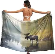 [XYMZR] Women's Sarong Swimsuit Coverups River Moose Retro Chiffon Bikini Wraps Skirt with Tassels L