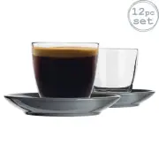 12pc Glass Coffee Cup Ceramic Saucer Set Tumbler Latte Cappuccino Grey 220ml