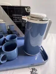 90's Lacquer Serving Tray, Carafe, Mugs Never Used Blue HD&S Hues & Brews