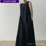 ✨ 【120CM/130CM】圓領寬鬆素色休閒大擺無袖長款棉麻洋裝