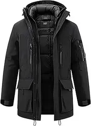 [Sumairah] Mens Parka Classic Thigh Length Nylon Front Pockets Luxurious Zipper Removable Hood Winter Coat Warm Parka Jackets