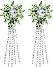 uxcell 2Pcs Rhinestone Crystal Applique, 11 x 4cm Crystal Fringe Shoulder Epaulette Tassel Chain Sewing Applique Patches for Party Dresses Clothes Shoes DIY Craft, Grass Green