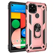 For Google Pixel 4a 5G Case, Military Grade 360 Degree Rotating Metal Magnetic Ring Car Mount Holder Kickstand Shockproof Heavy Duty Cover (Rose Gold)