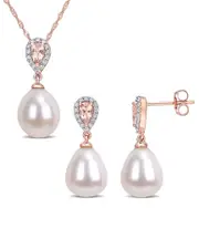 Rina Limor 10K Rose Gold 0.96 ct. tw. Diamond & Morganite 9-9.5mm Pearl Jewelry Set