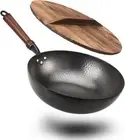 12.5 Wok Pan- Woks and Stir Fry Pans, Carbon Steel Wok, Flat Bottom Wok with Lid