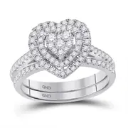 14k White Gold Round Diamond Heart Bridal Wedding Ring Set 5/8 Cttw