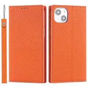 Compatible For iPhone 15 Genuine Cow Leather Case Litchi Texture Anti-fall Wallet Stand Phone Cover with Strap Orange