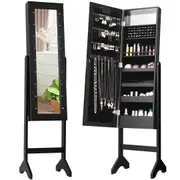 Costway Mirror Jewellery Cabinet Wooden Jewelry Organiser Box Makeup Cosmetics Storage Black