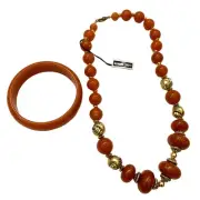 Red Orange Moonglow LUCITE Bead Necklace Bangle Bracelet Set Hong Kong Vintage