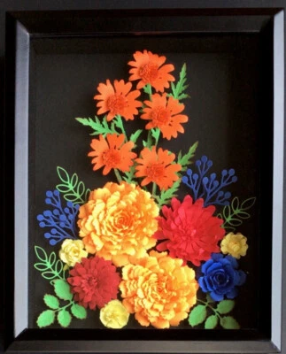 Wall Art Shadow Box Framed Home Decor Mixed Paper Flower Arrangement Handmade