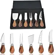 Powerful 6 Pcs Cheese Knife Set, Charcuterie Board Accessories, Cheese Knives with Acacia Wood Handles, Small Cheese Cutting Knife Slicer Cutter Fork Spreader Tool for Party Wedding Christmas