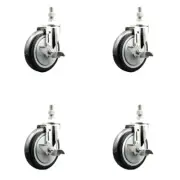 5 Inch 316SS Black Polyurethane Swivel 3/8 Inch Threaded Stem Caster Set Brake
