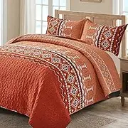WONGS Bedding Boho Quilt Set Queen Size,3 PCS Burnt Orange/Rust Quilt Bedspread Lightweight Geometry Printed Coverlet Set with 2 Pillowcase,Soft Bohemian Bedding Set Queen 96"×90"