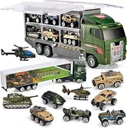 [Joyfia] 10 in 1 Die-Cast Military Army Truck Toys Sets, Mini Battle Car Vehicle Container Car in Carrier Truck, Helicopter Armored Cars for 3 Years Old Boys Girls Kids
