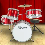 Karrera Childrens 4 Piece Drum Kit Set Wooden 2 Toms Bass Snare Stool - Metallic Red