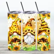 Sunflower and Honey Bee Gnomes 20 Oz Skinny Metal Tumbler w/Lid and Straw