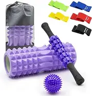 9 In 1 Foam Roller Set-1 High Density 33cm Yoga Roller,1 Muscle Roller Stick,1 Spiky Massage Ball,5 Resistant Bands,1 Carry Bag for Whole Body Therapy: Back, Leg, Deep Tissue&Exercise (33cm, Purple)