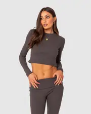EDIKTED Womens Coffee Break Ribbed Top DARK - GREY
