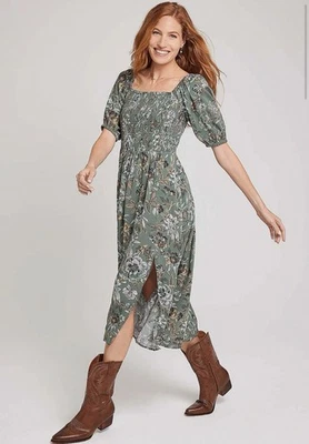 NWT Maurice’s Floral Midi Dress Size 2x Smocked Upper Milkmaid Style Green Plum