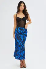 Blue Abstract Midi Skirt High Waisted Satin Bias Cut - Size 14, Women's A Line Skirt