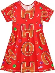 [RPLIFE] Christmas Gingerbread Cookies Print Dress for Toddler Girls Short Sleeve Kids Holiday Outfit Red A-Line Sundress, 2T, Christmas Oh Gingerbread Cookies Red, 3 Years