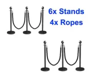 6 BLACK Queue Barriers Stand 4 Twisted Ropes Crowd Control Bollard Stanchion