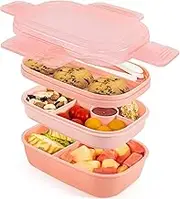 Uandhome Bento Box Adult Lunch Box ，72oz Stackable Bento Lunch Box for Adults, 3 Layers Bento Lunch Containers Leak-Proof Lunchbox with Utensil Sauce Dressing Containers for Dining Out,Work (Pink)