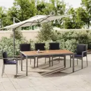 Garden Table with Wooden Top Grey Wicker Rattan Solid Wood Acacia Timber