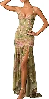 [lijuyip] Women Strapless Tube Top Dress Fishbone Floral Print Spaghetti Strap Bodycon Maxi Sexy Ruched Flowy Split Evening Gowns
