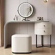 Telescopic Dresser,Dressing Table with 2 Drawers and Stool,Makeup Vanity Table with Mirror Brightness Adjustable(Black Edge,Beige)
