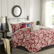 NEW!~ COZY ELEGANT RED IVORY WHITE BLUE BEIGE FLORAL CHIC COUNTRY LEAF QUILT SET
