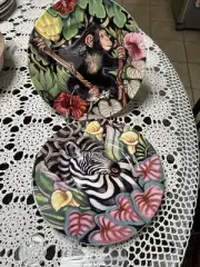 Fitz and Floyd Exotic Jungle Plates Monkey &Zebra Pair Set of 2 Salad Plates