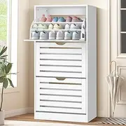 ALFORDSON 3-Tier Shoe Cabinet Rack with Flip -up Drawers, 60x29.5x121.5cm, Footwear Storage with Adjustable Shelves, Shoe Organizer Ventilated Design Easy Assembly, White