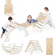 HONEY JOY 7 in 1 Kids Triangle Climbing Toys Set, Toddler Wooden Climber Gym Arch Rocking Playset w/Reversible Ramp for Sliding, Indoor Home Natural Climbing Ladder Set for Boys Girls, White