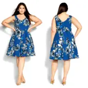 NWT City Chic Blue Bloom Hydrangea Print Fit & Flare Dress 20