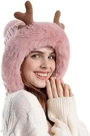[Golirsteca] Womens Winter Warm Antler Beanie Hat Faux Fur Cartoon Earflap Soft Pompom Crochet Bucket Hats