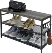 Black Metal Entryway Shoe Rack w/ Gray Wood Shelf, Shoe Display Rack w/ Hooks